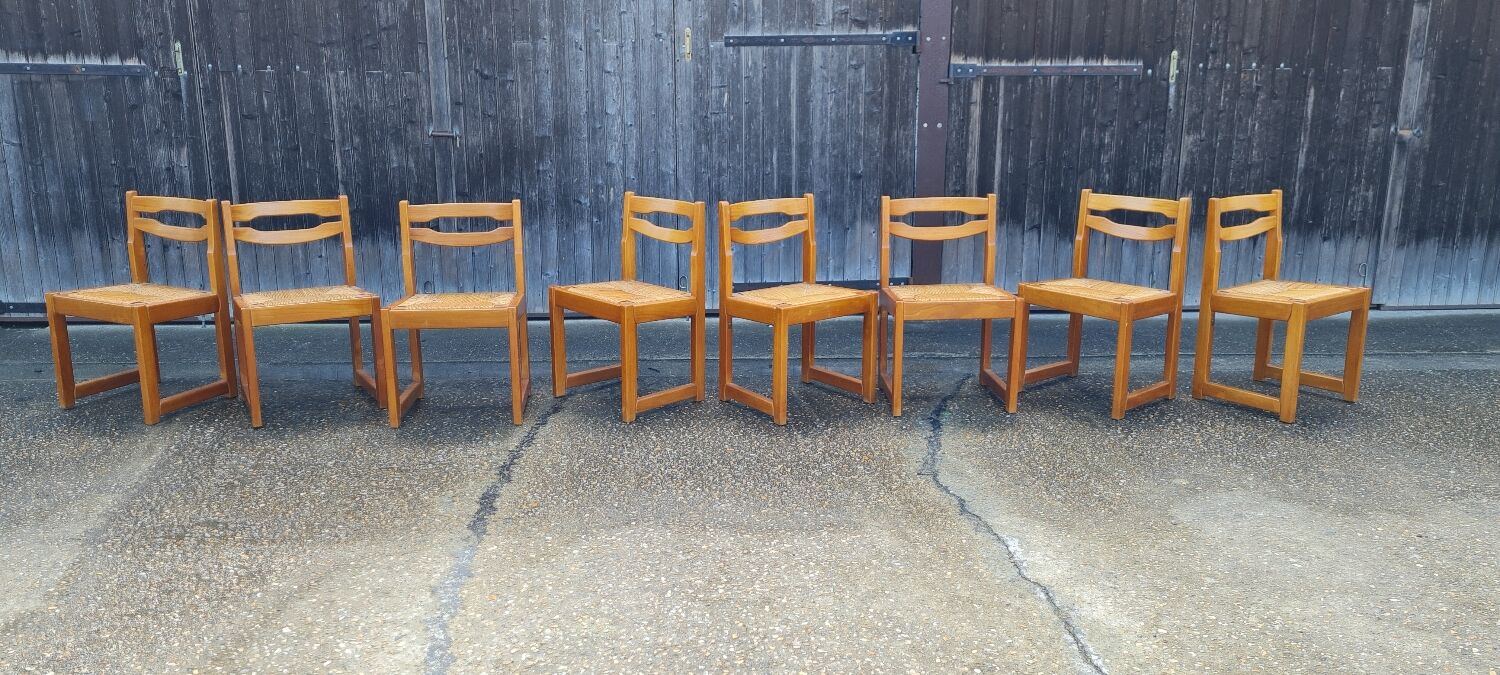 Set of 8 chairs in elm and straw by Maison Regain