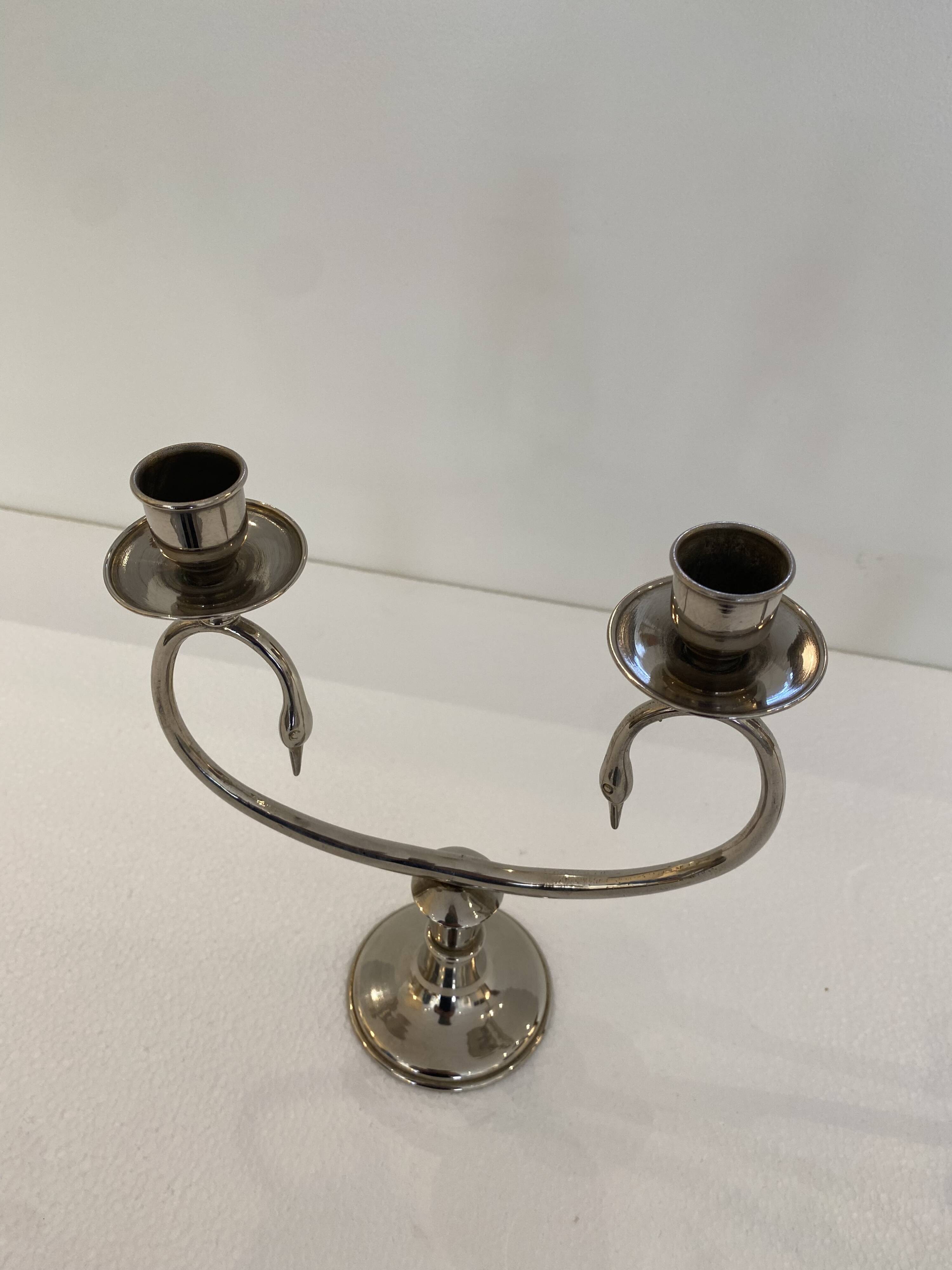 Silver Plated Pair Double Swan Candelabra Candleholders Sculptural 1970s