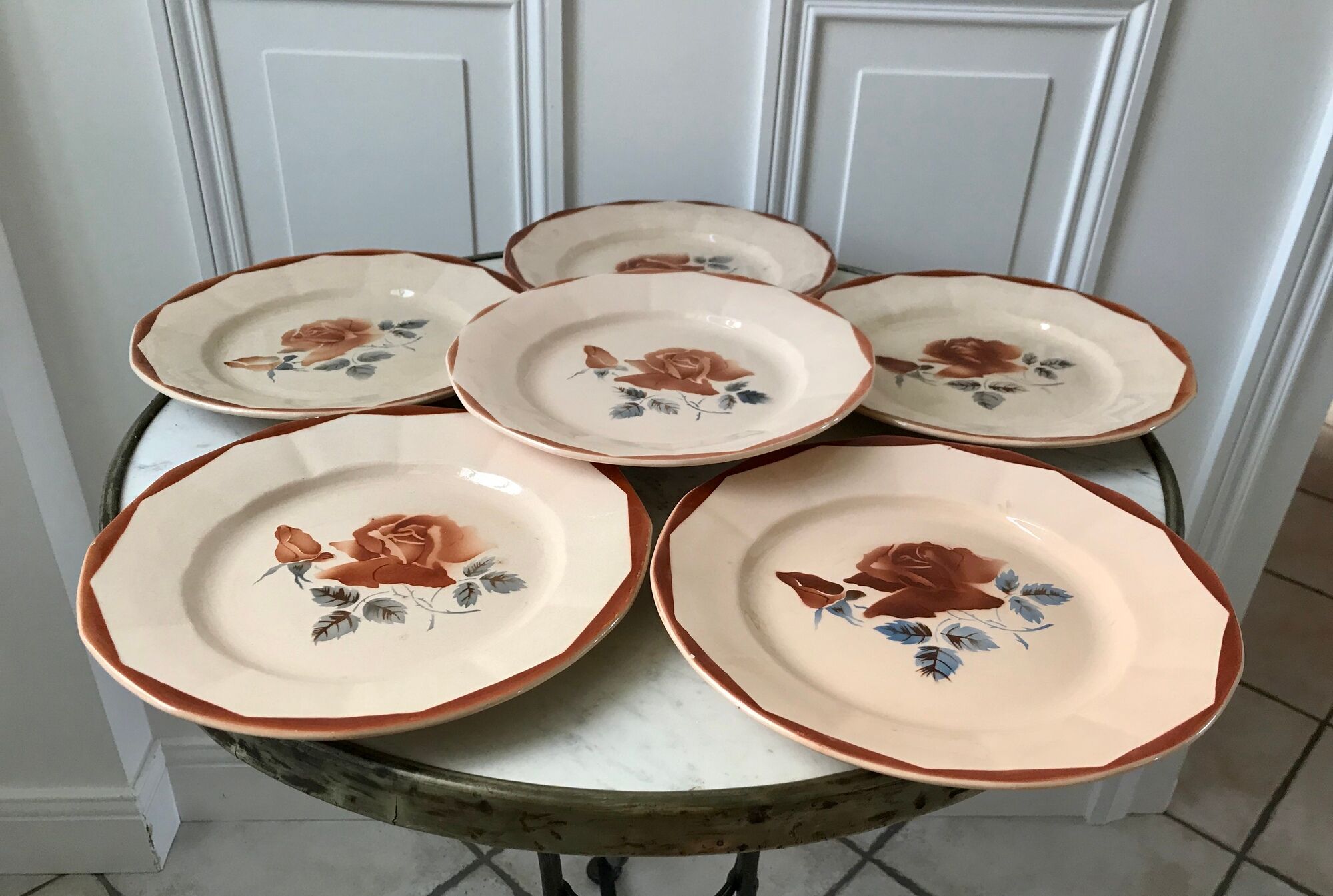 Set of 6 flat plates Digoin Sarreguemines pink flowers years 30-40