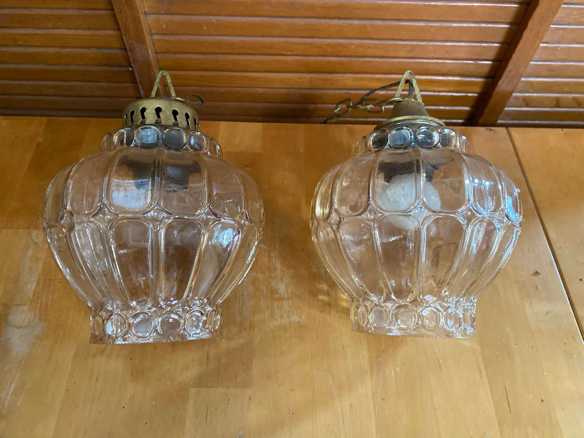 Pair of Vintage Suspension Lights with Iridescent Moulded Glass + Gold Metal
