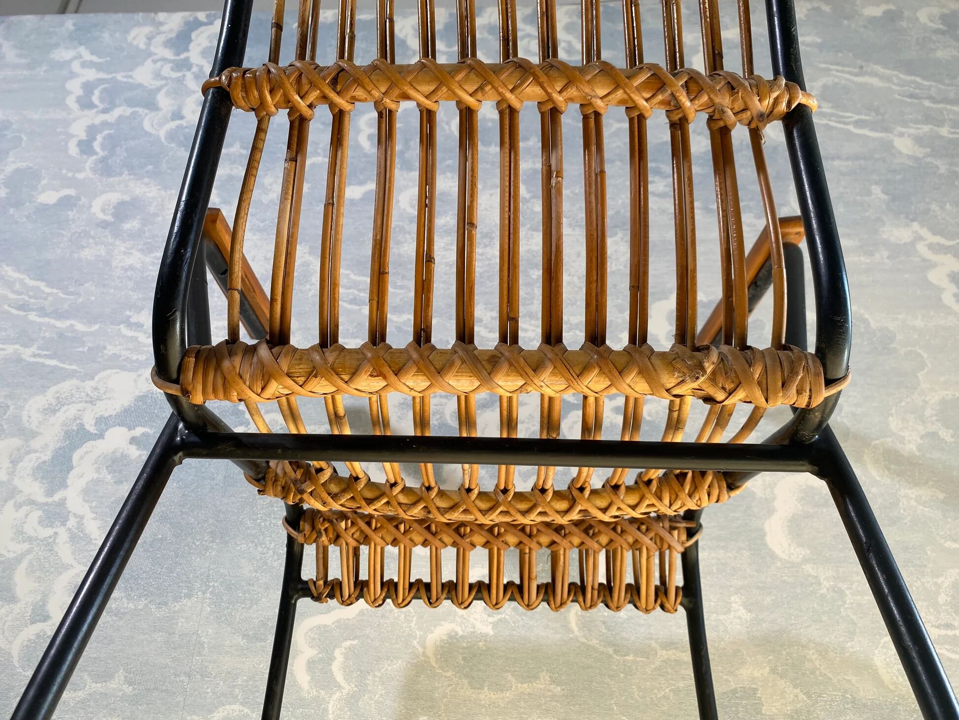 Set of 4 vintage rattan and bamboo chairs by Schumacher, Belgium 1950s.