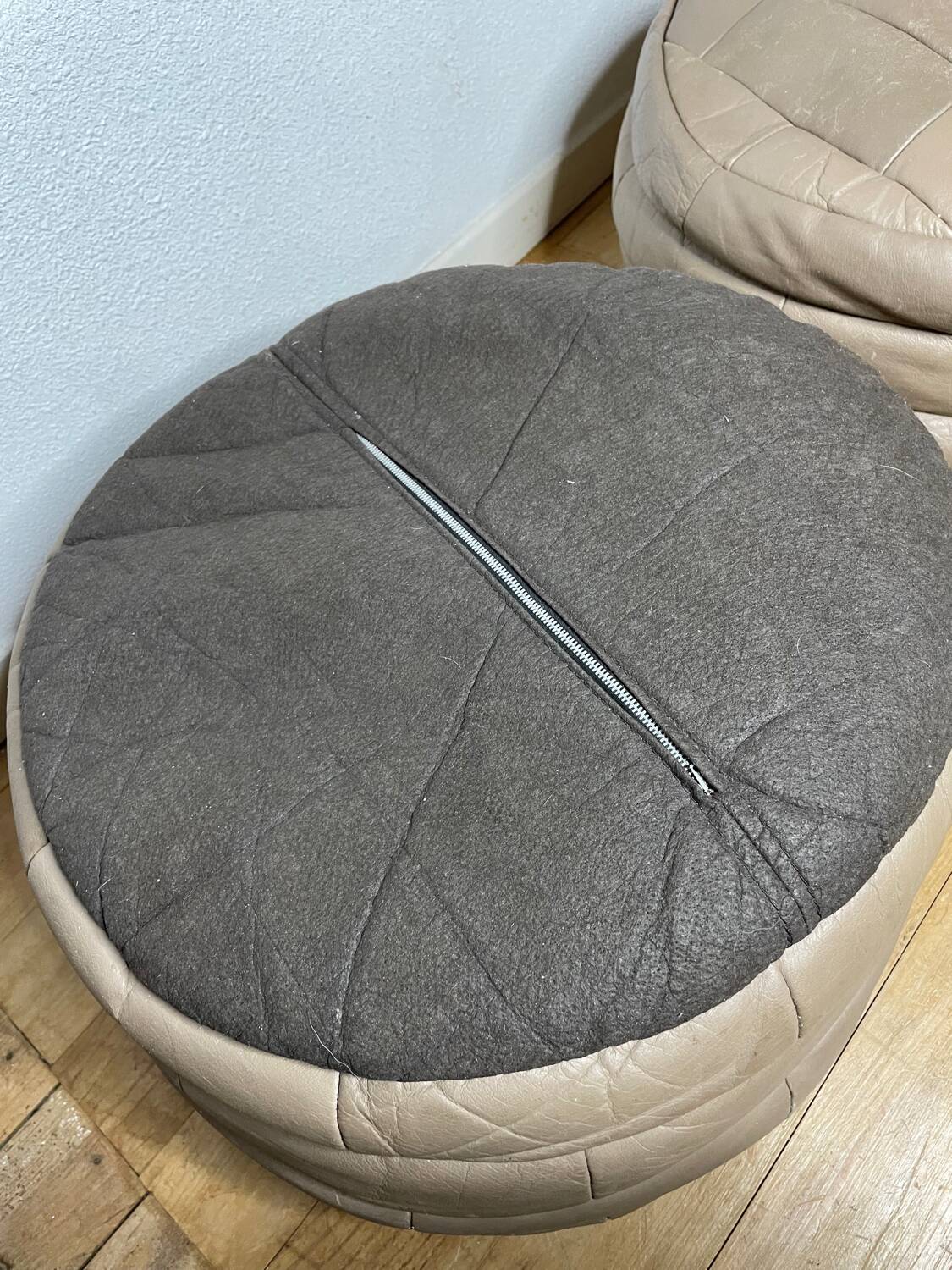 Pair of De Sède patchwork leather poufs