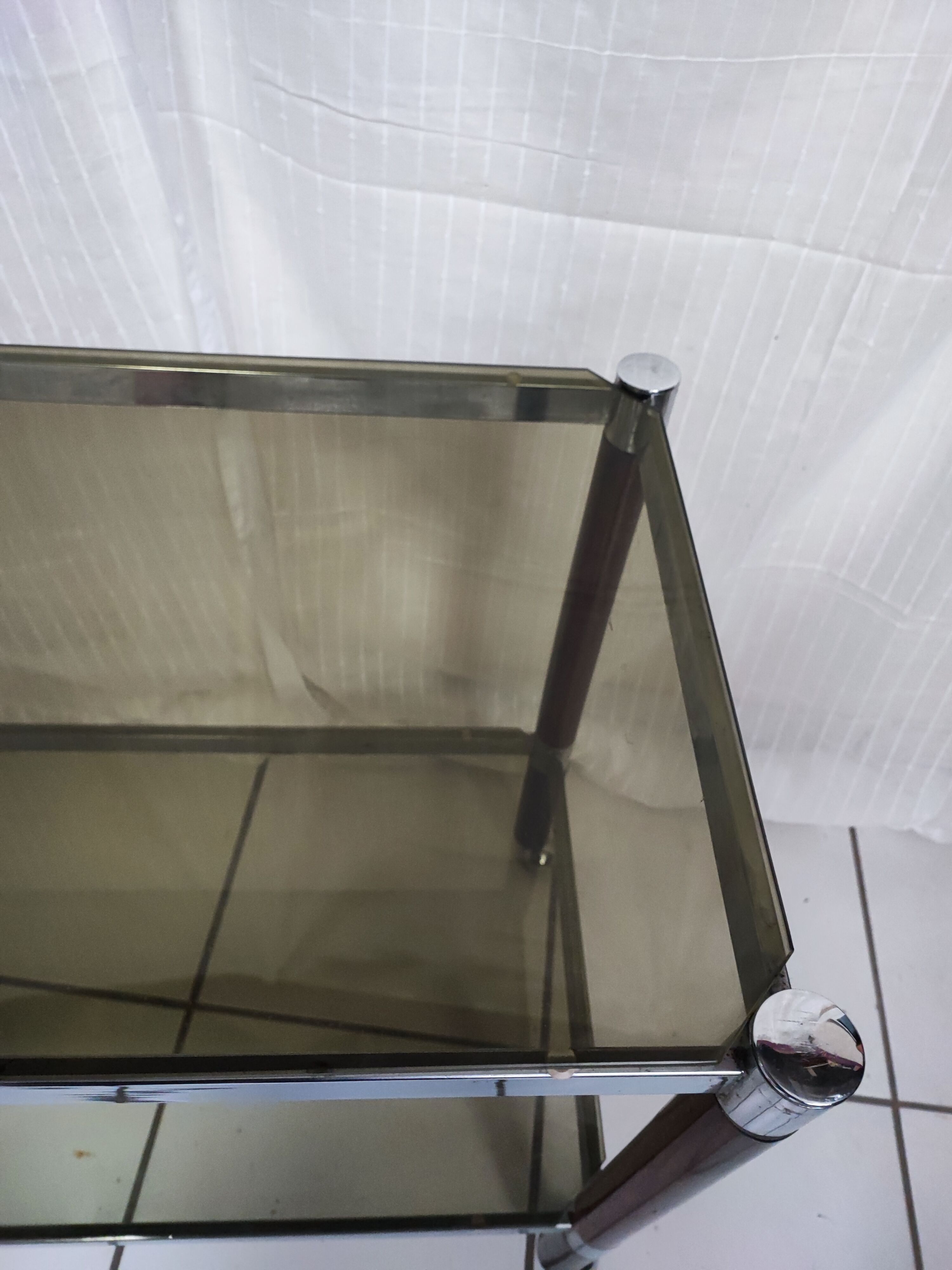 Smoked glass service two trays base wood and chrome metal