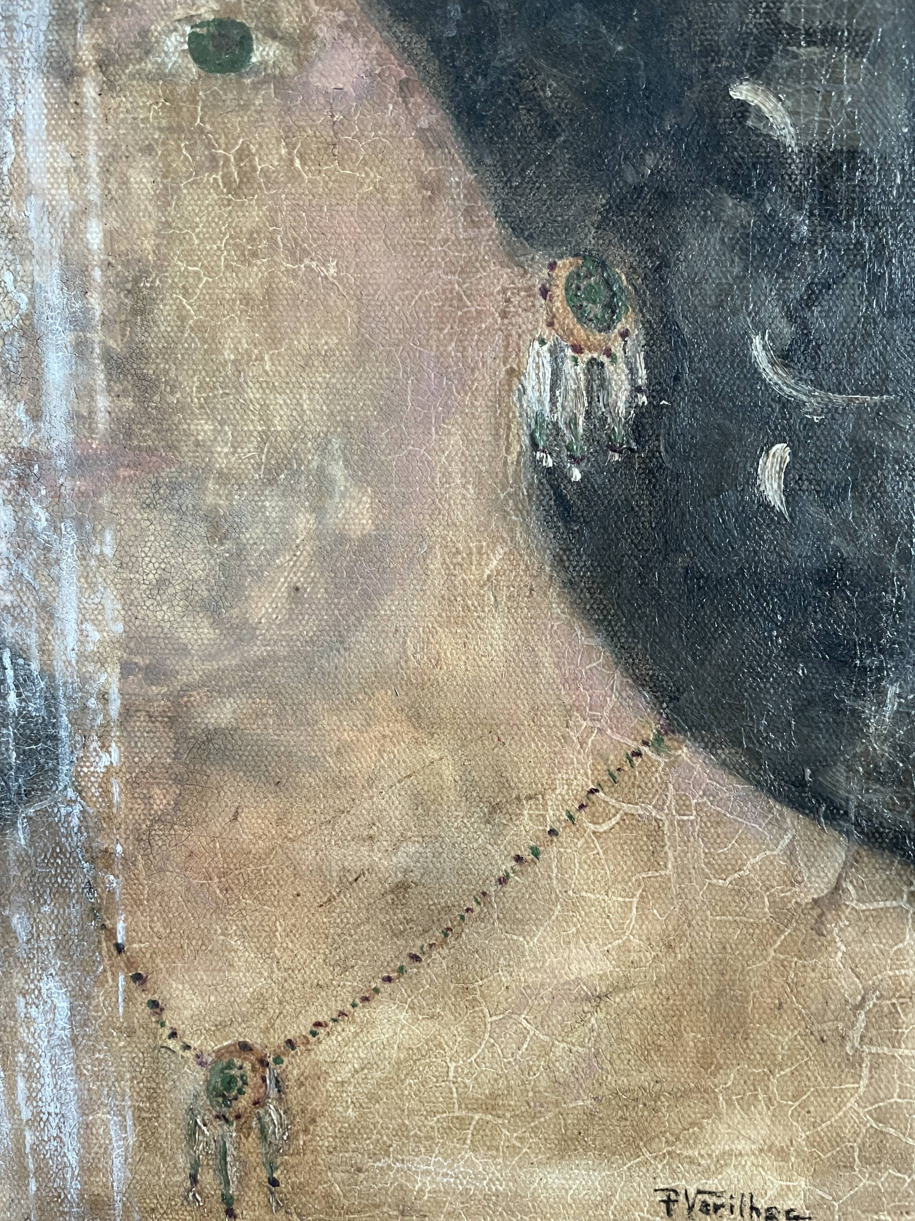 Huile sur toile portrait femme bijoux
