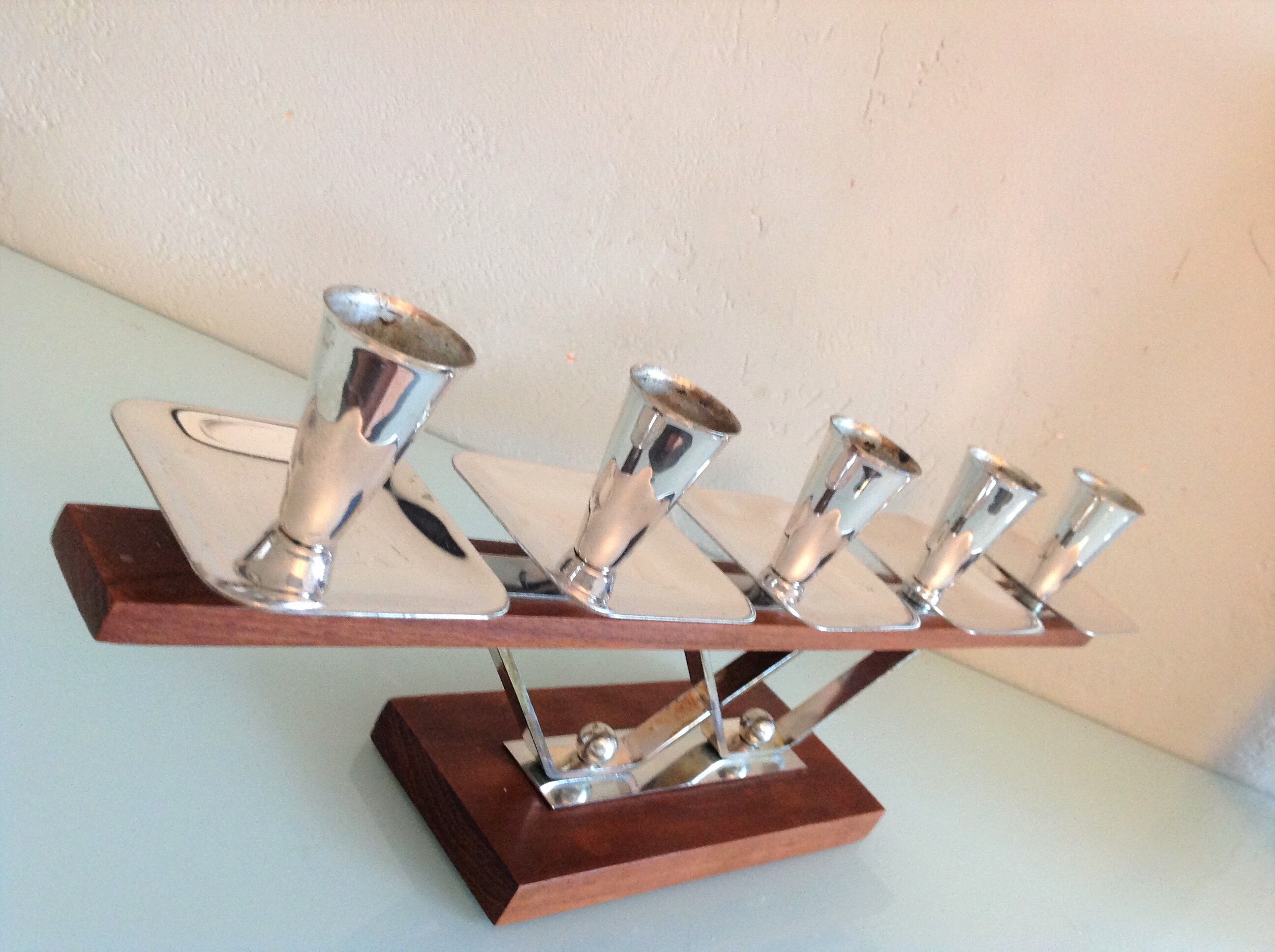 Five-head chandelier in teak and chrome metal Scandinavian style / vintage 60s-70s