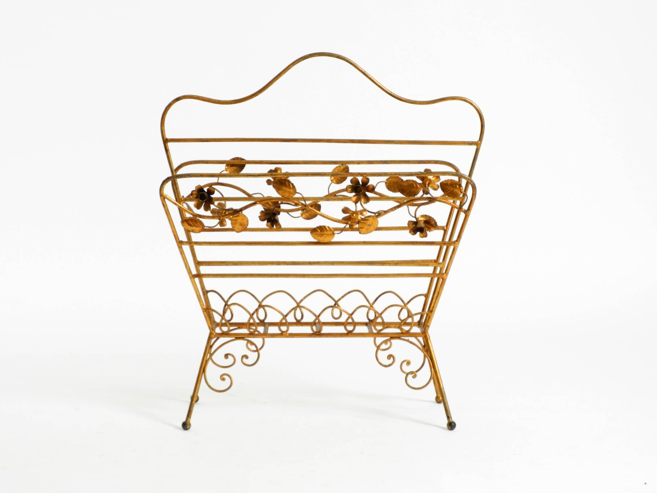 Extraordinary mid-century newspaper and magazine rack with a gilded metal