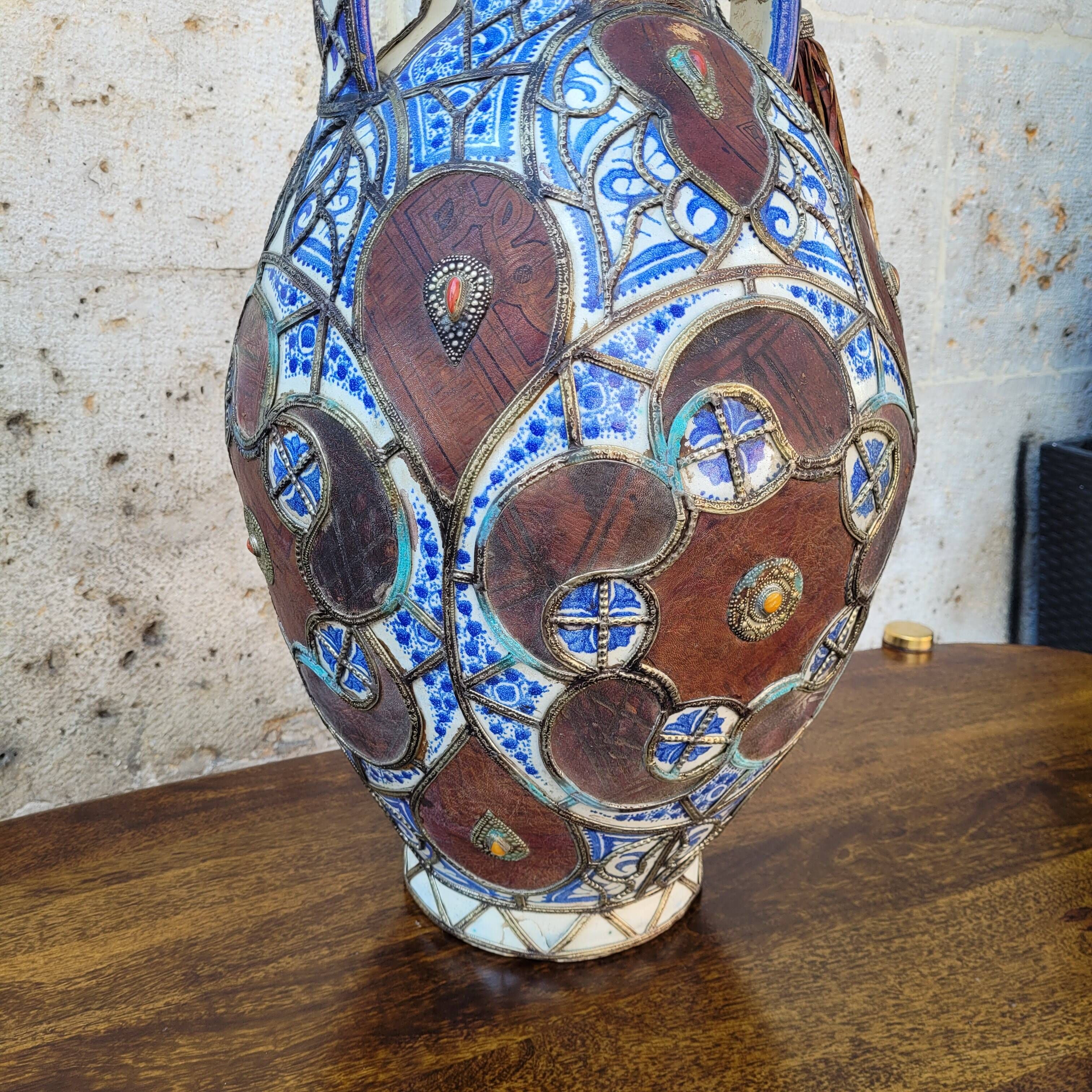 Filigree vase, ceramic, leather, enamel and metal, 19th century - Safi, Morocco