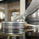 Moon lamp with face in aluminum and white opaline circa 1930