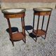 Pair of Louis XVI style bedside tables in mahogany, with marble tops.