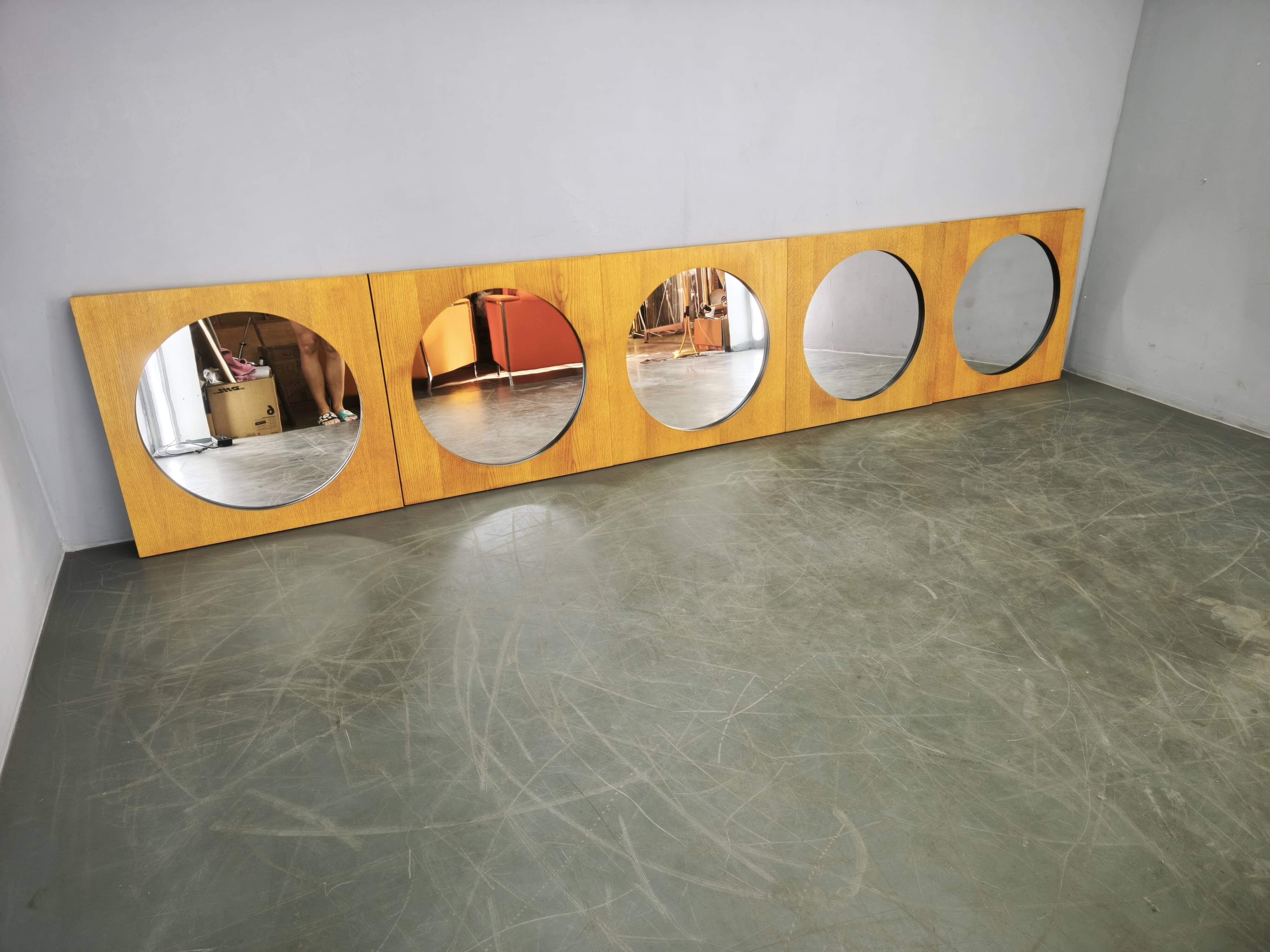 Vintage 1970s Czech Oak Veneer Square Mirror with Circular Glass