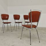 Set of 4 French chairs in camel brown imitation leather and chrome 1960
