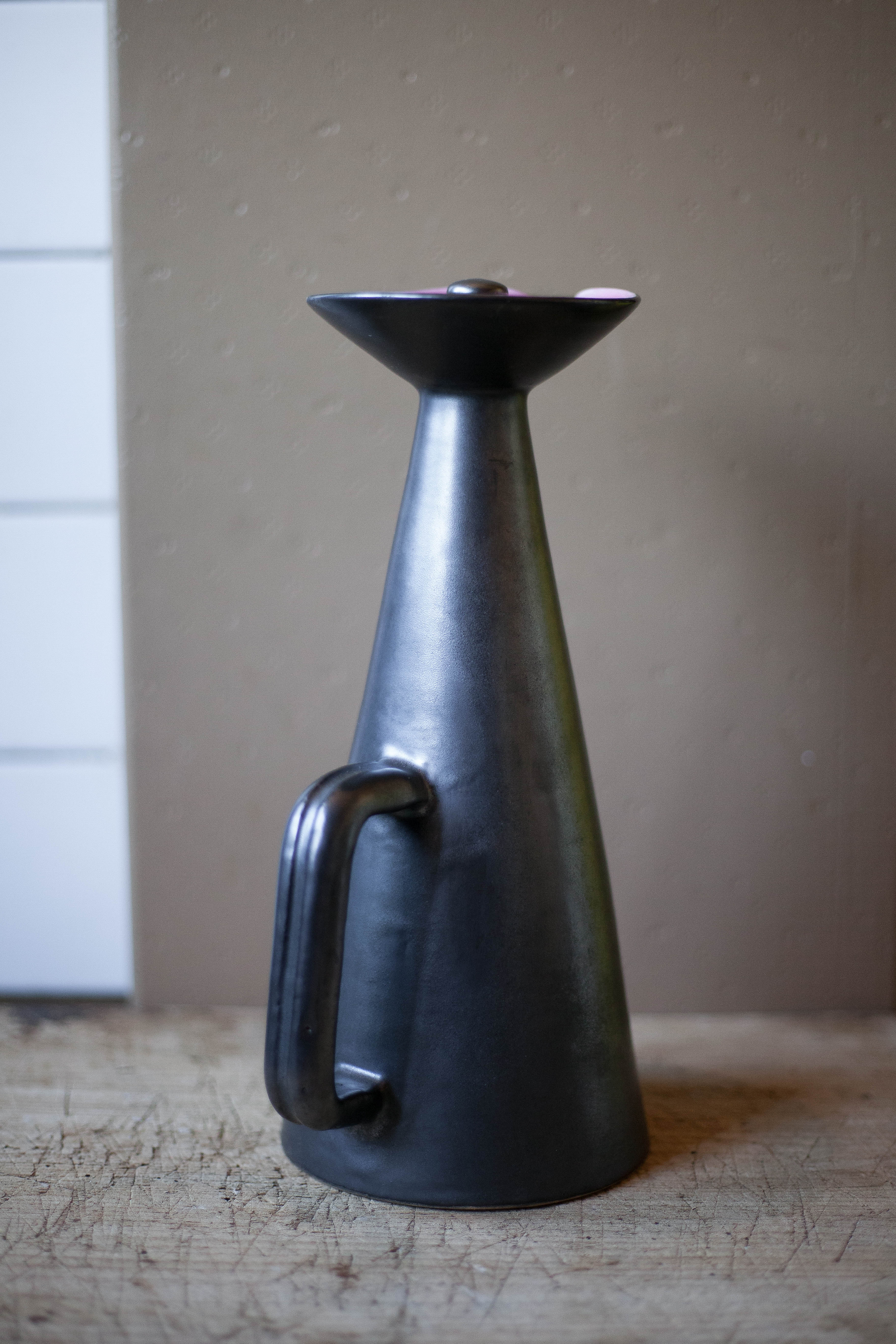 Ceramic pitcher of Louviers manufacture 50s, pitcher with conical handle