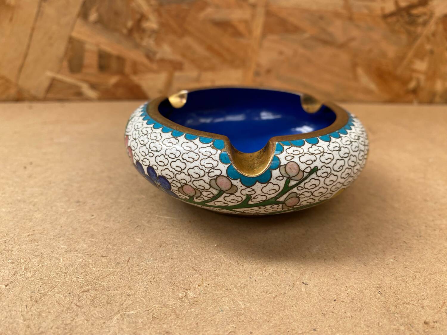 Antique Chinese Bronze Cloisonne Enamel Ashtray Vintage Flower Pattern