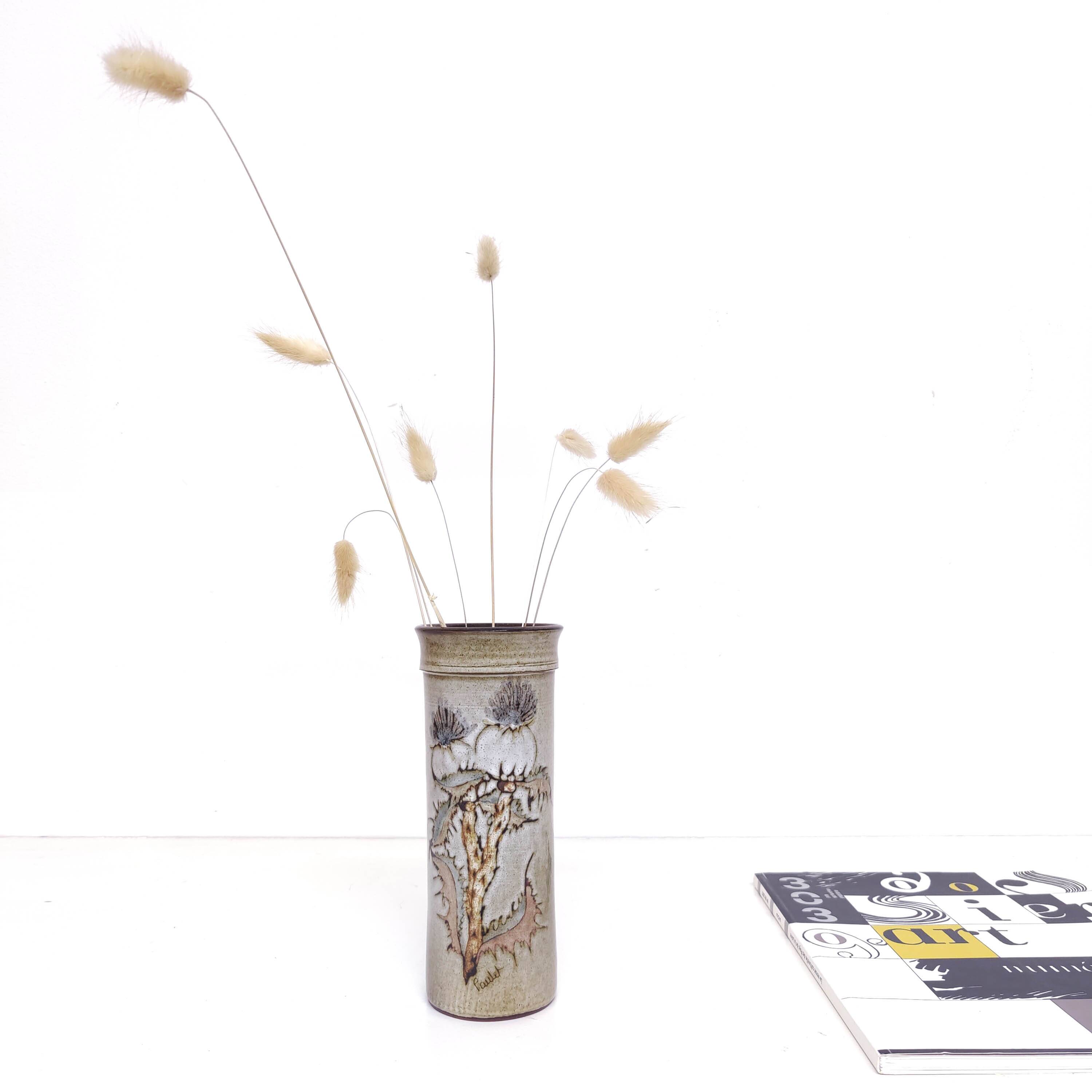 Ceramic vase decorated with thistle flowers signed Paulet