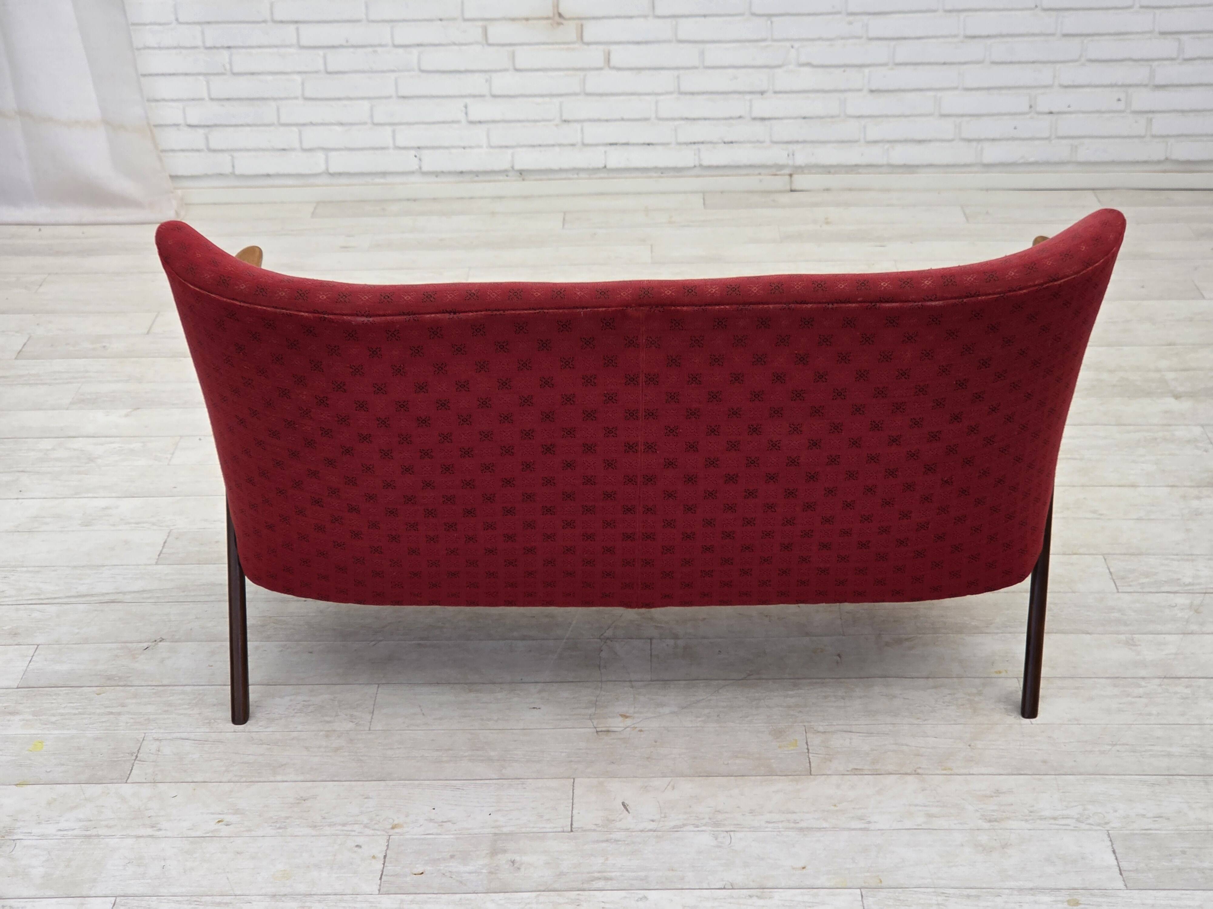 1960s, Danish 2-seater sofa, red furniture fabric, beech wood.