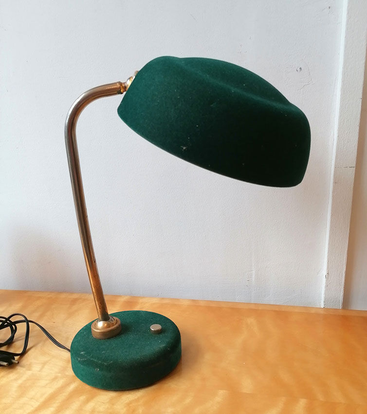 Bottle green velvet lay lamp, brass foot, 1960