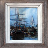 Painting Marine XIX° signed H. Chopeler pastel Port boat masts + frame