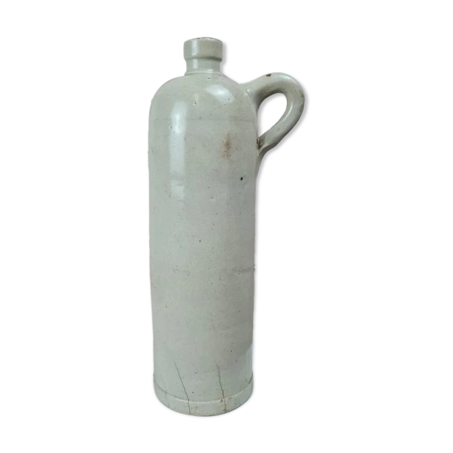 Antique beige glazed stoneware bottle from the 19th century, with a handle, vintage decor.