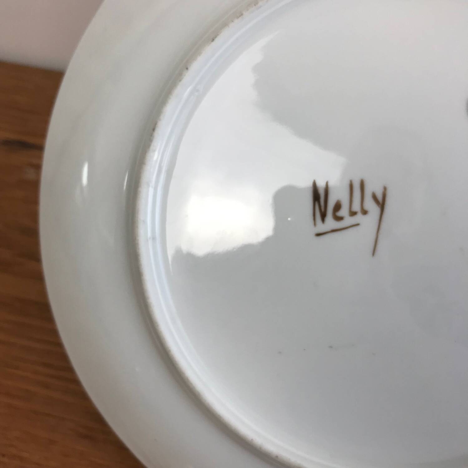Flat Plate or Small Round Porcelain Dish Signed Nelly Abstract Flower