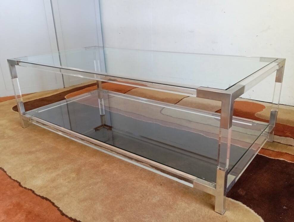 80s Lucite, Glass and Metal Coffee Table