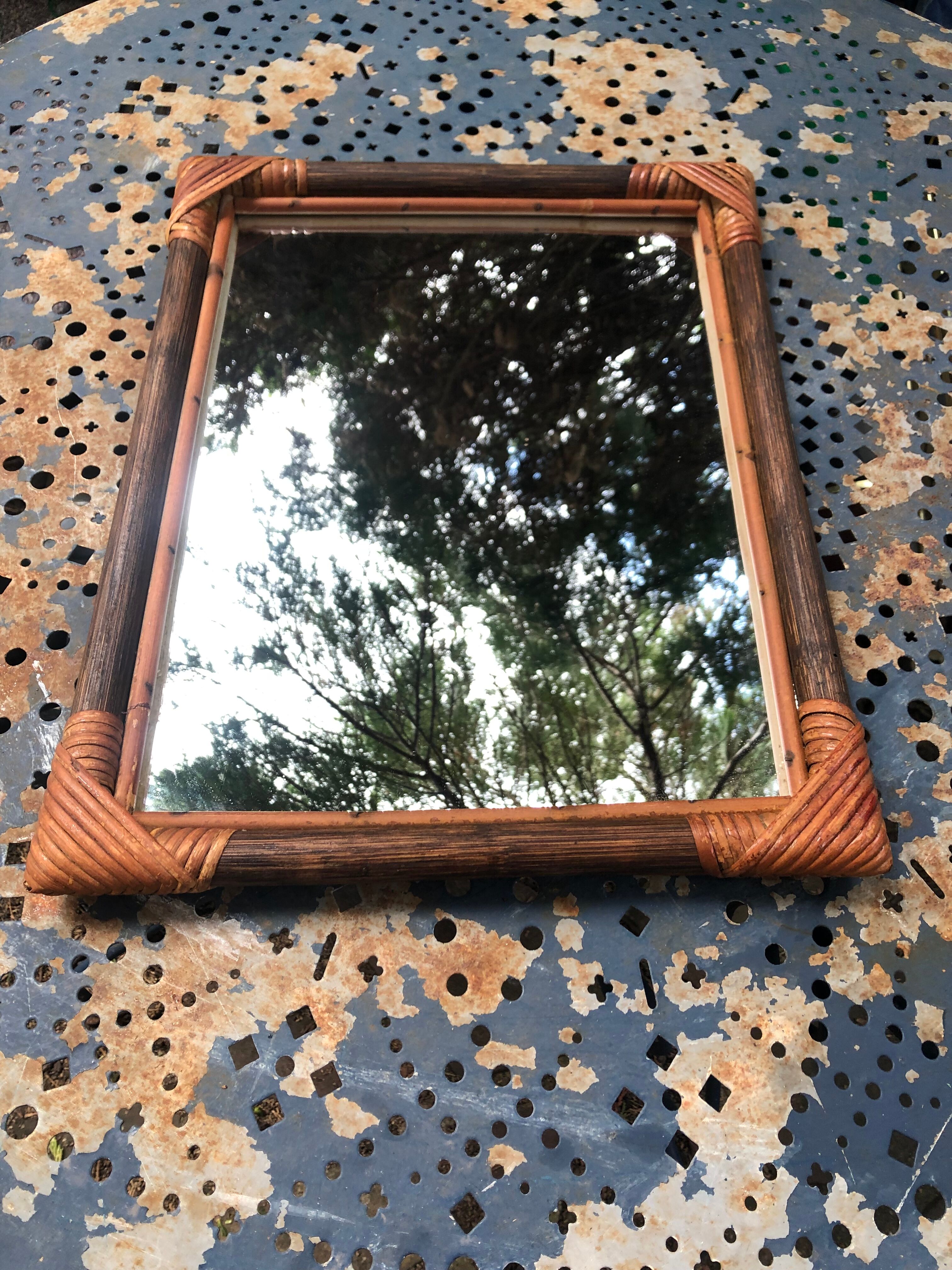 Mirror in wood and rattan 60s