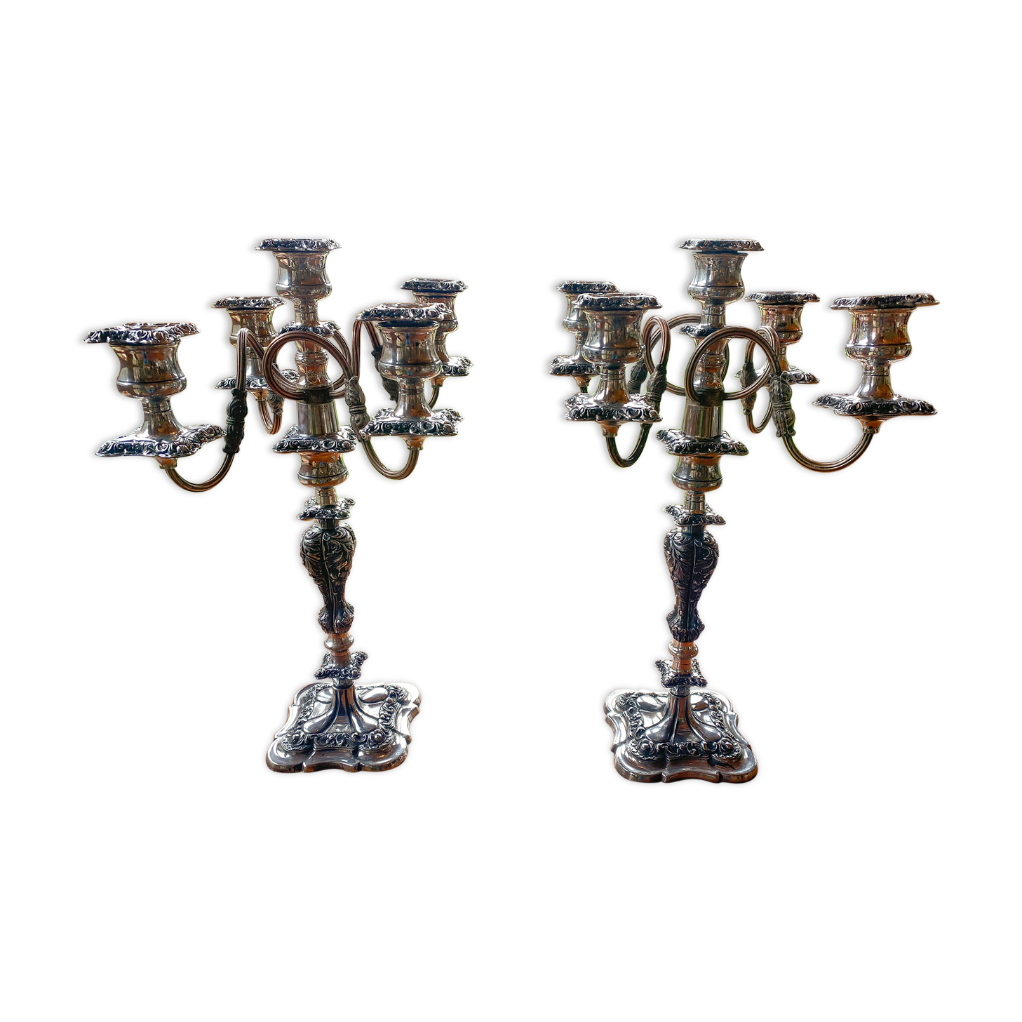 Pair candelabras in silvered bronze
