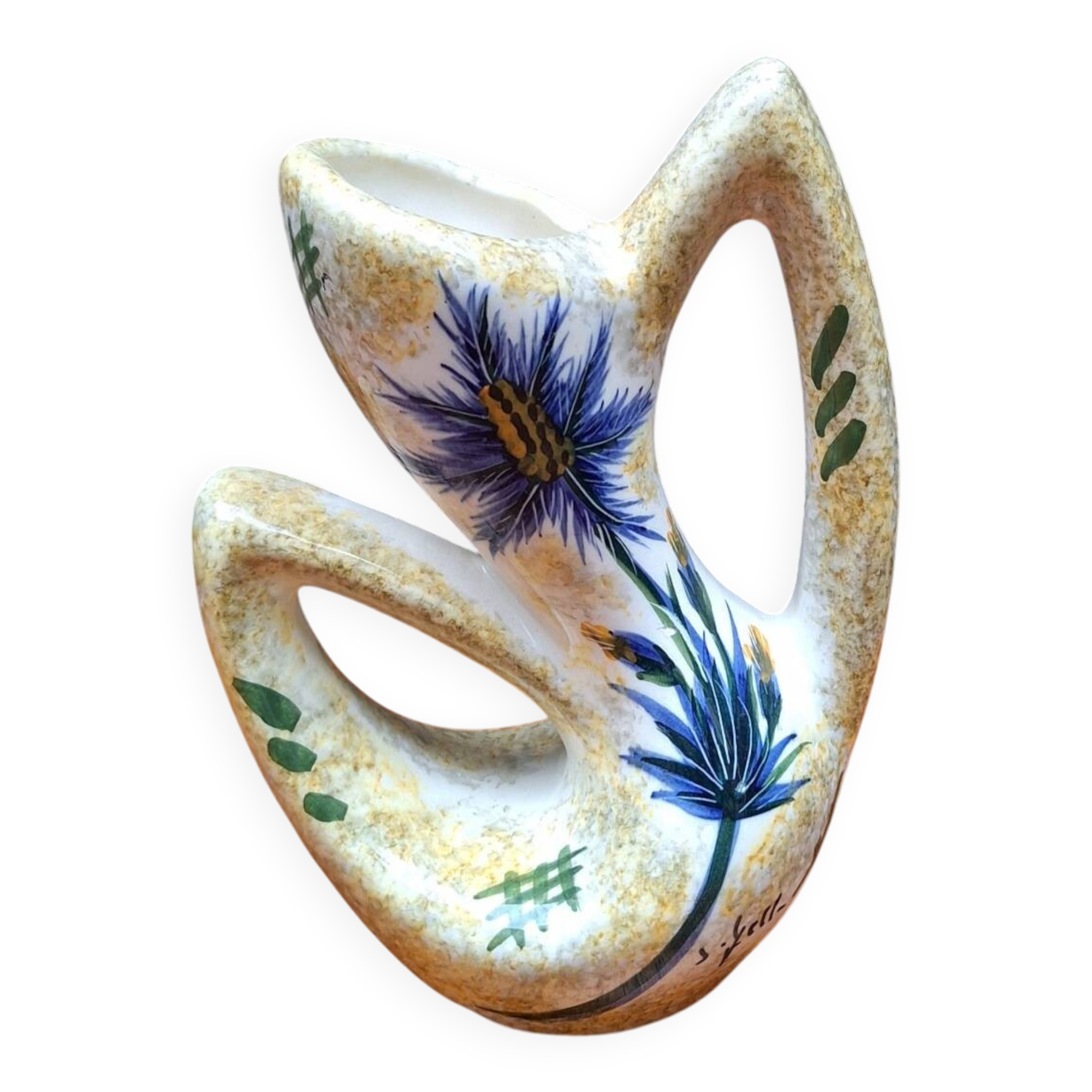 Earthenware vase signed by Jacqueline Gelb with a thistle decoration.