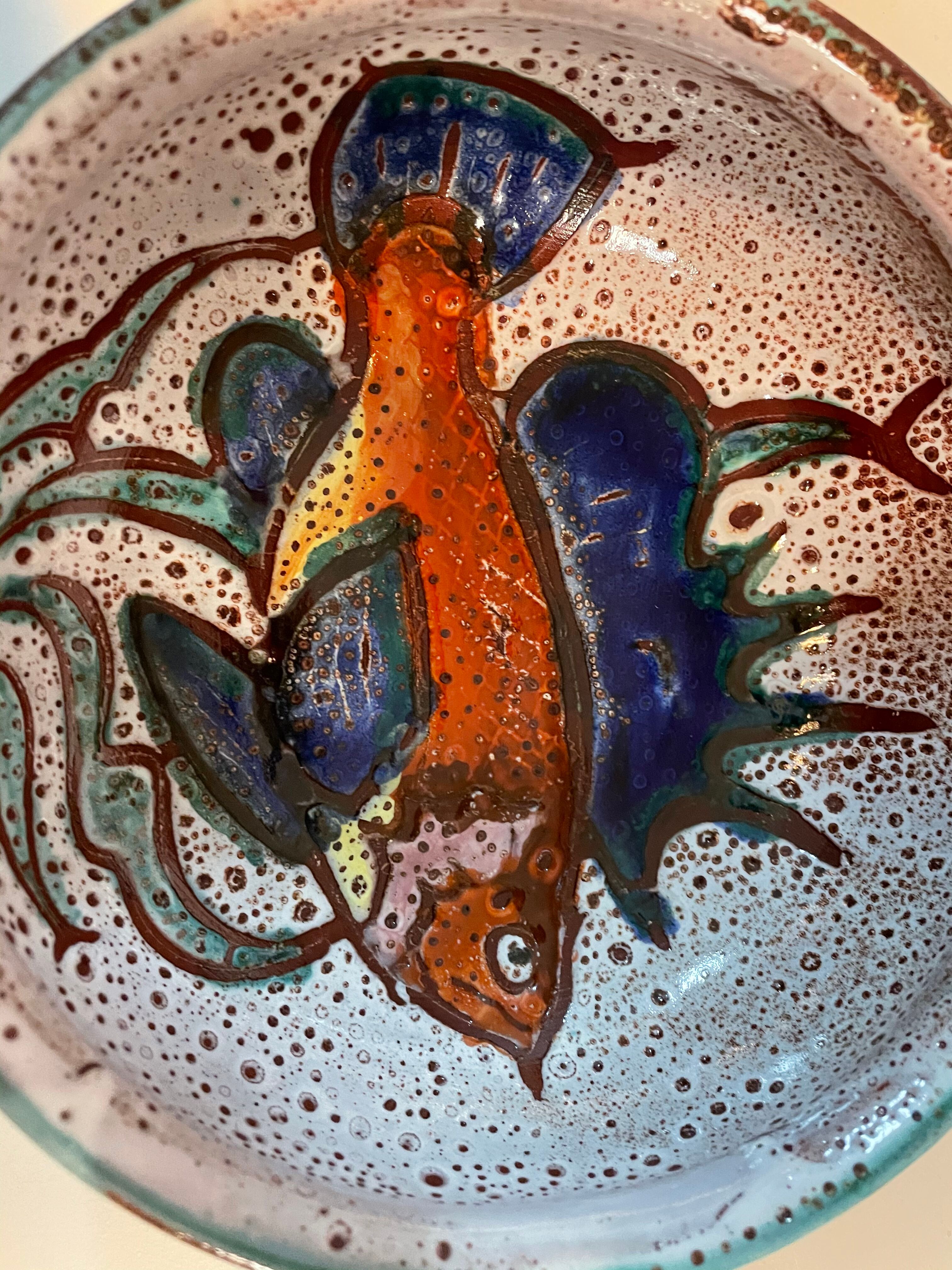 Vintage frying pan decorated with fish Vallauris