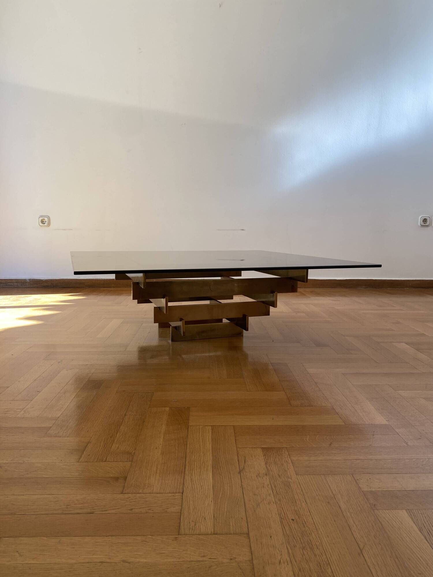Vintage 1970s Square Coffee Table in Brass and Smoked Glass, David Hicks
