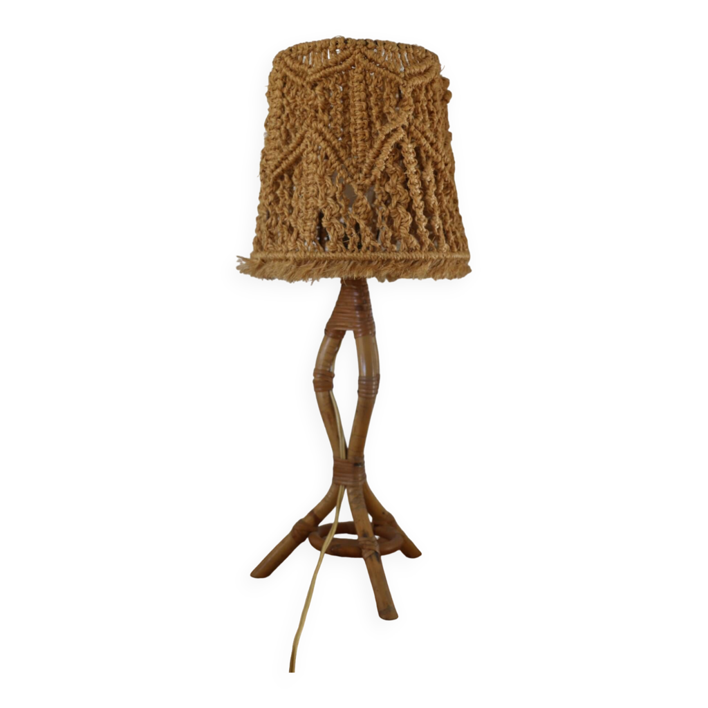 Lampe à Pied Vintage – Abat-jour Corde Et Boule En Bois – Design Rétro