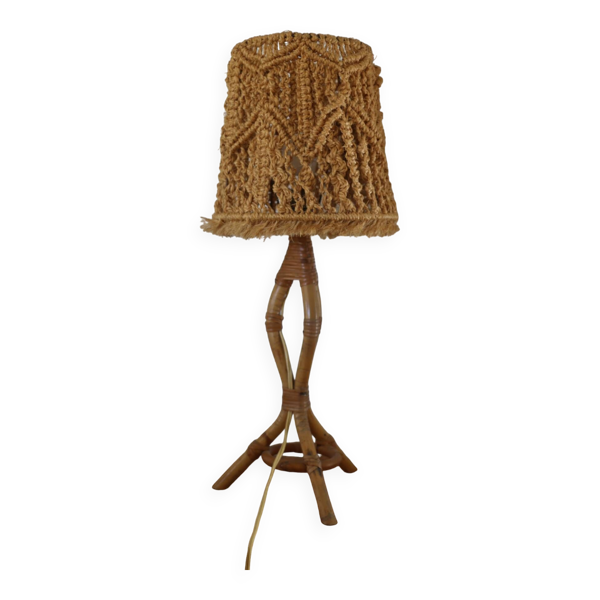 lampe rotin tripode et abat-jour corde