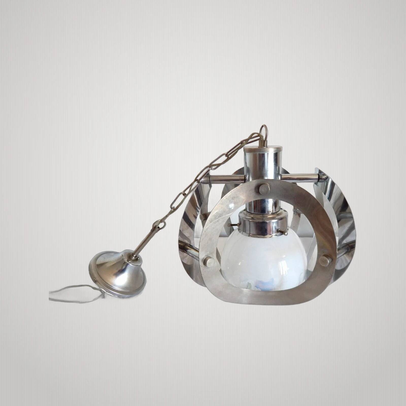 ANTIQUE CHANDELIER MAZZEGA Murano Opalescent Glass and Chrome Metal Pendant Light