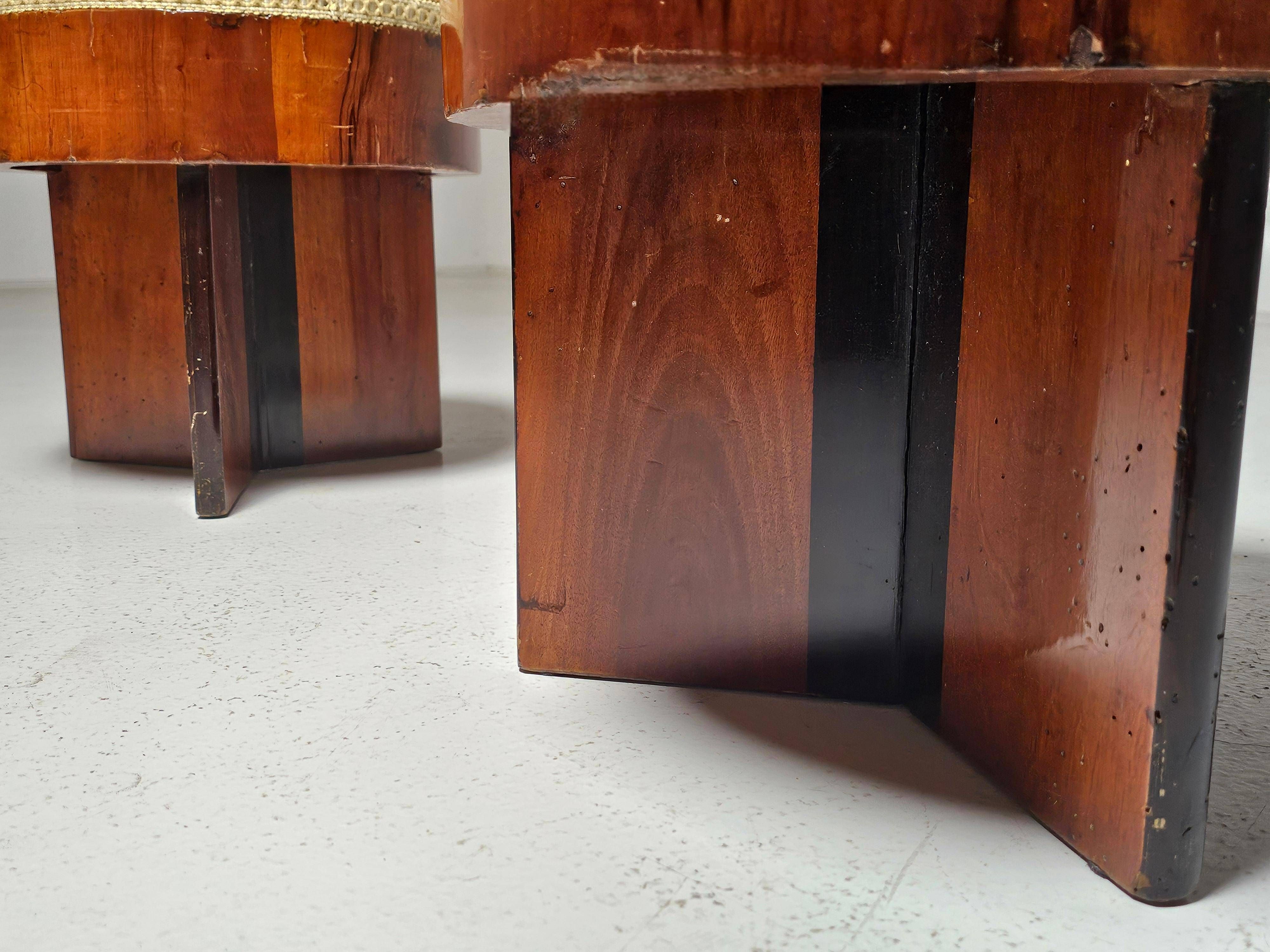 Art Deco stools in walnut and floral printed fabric, Italy.