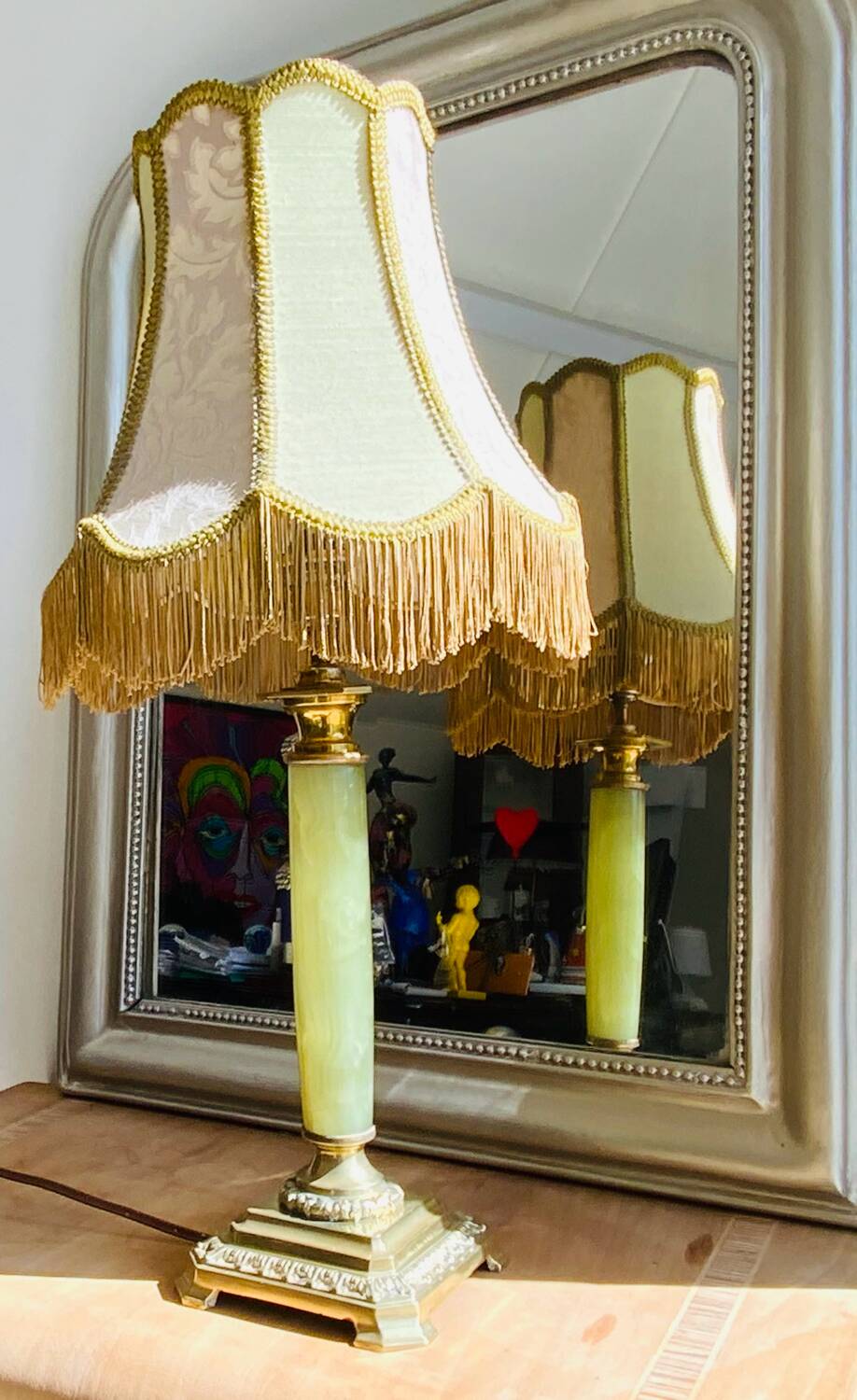 Large vintage lamp in green onyx and gilded brass - vintage lampshade