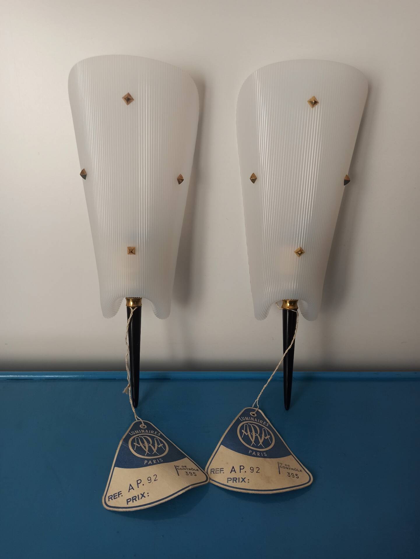 Pair of Vintage Mid-Century "ARA Paris" Wall Lights in Striped Rhodoid & L
