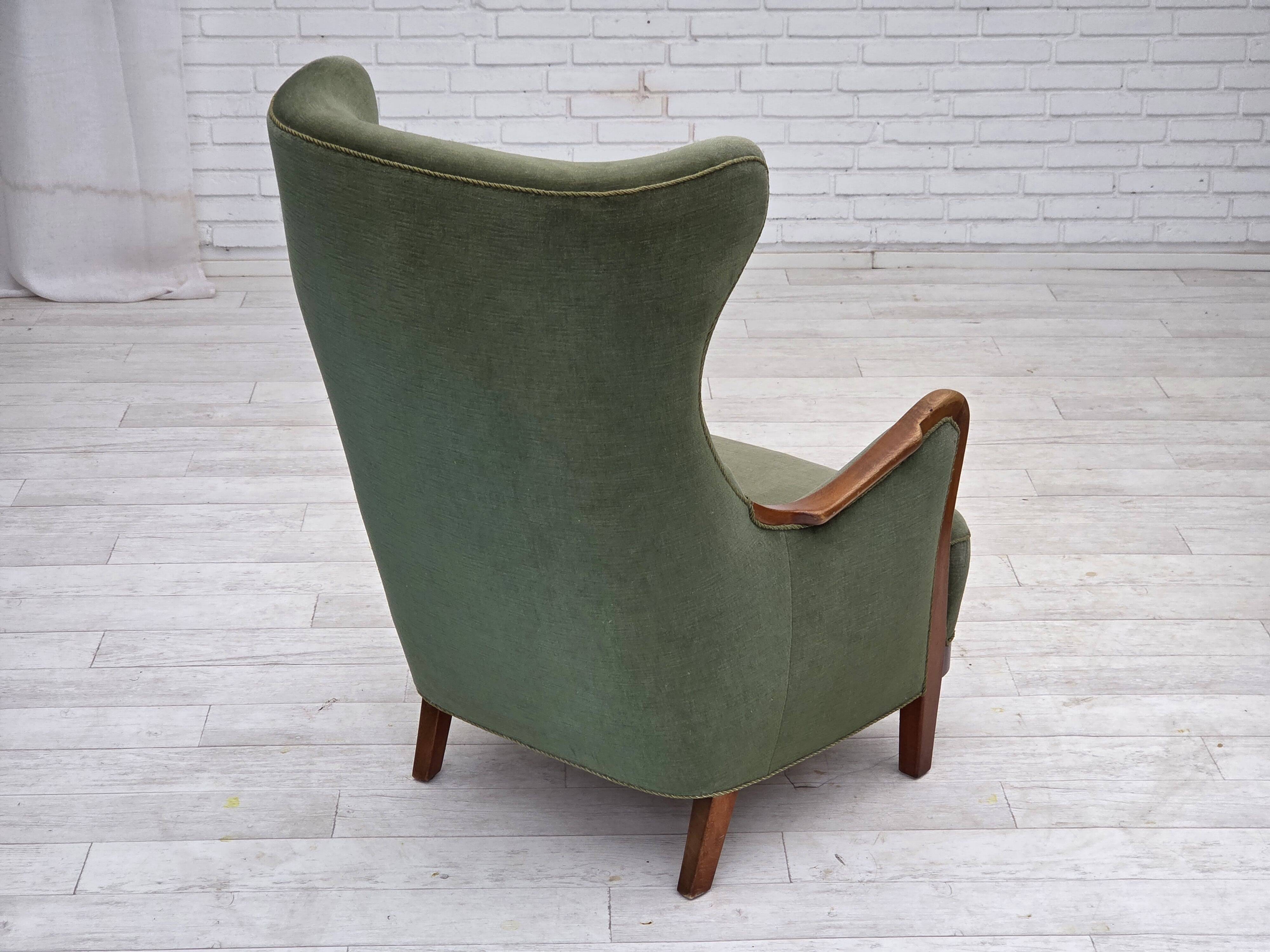 1960s, Danish highback armchair, green furniture velour, teak wood.