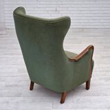 1960s, Danish highback armchair, green furniture velour, teak wood.