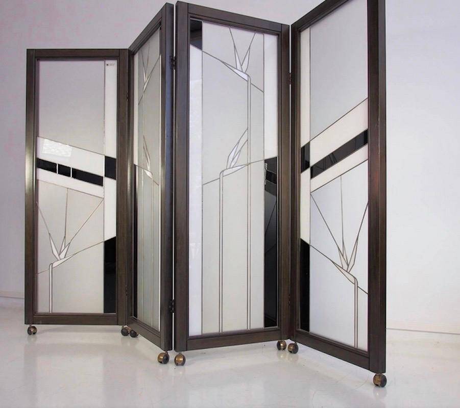 Paravent de style Art déco en bois et verre plombé