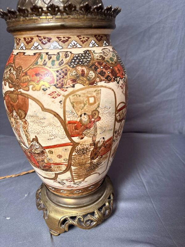 Ancien Pied Lampe Satsuma Japonais Japon Col Bronze Style Napoléon III