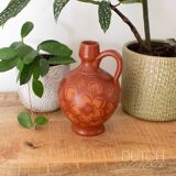 Vintage Terracotta Clay Jug Vase With Floral Pattern, Spanish Pottery