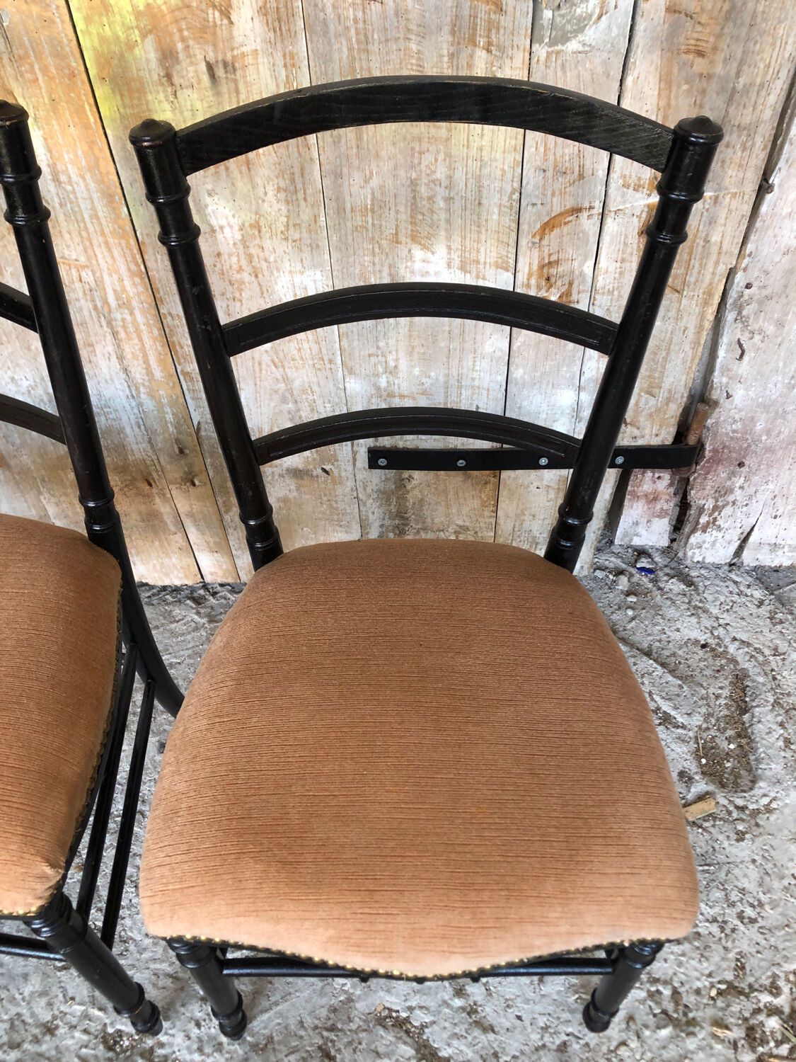 Pair of chairs napoleon 3 black wood & seat velour pink vintage #a196