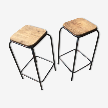 Pair of wooden and metal stools