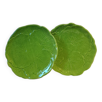 Set of 2 vintage green slip ceramic plates leaf shape