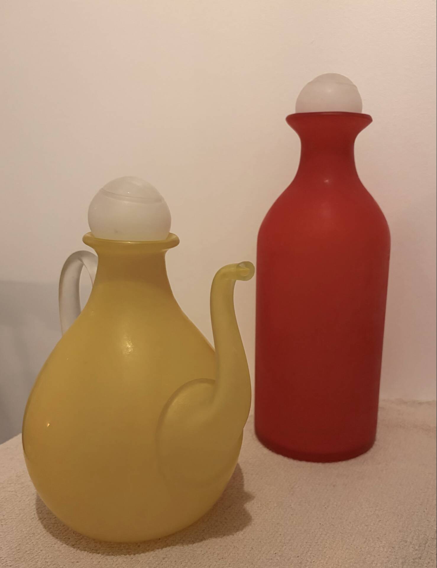 Stunning Duo of Mid-Century Frosted Satin Glass Carafes & Decanters