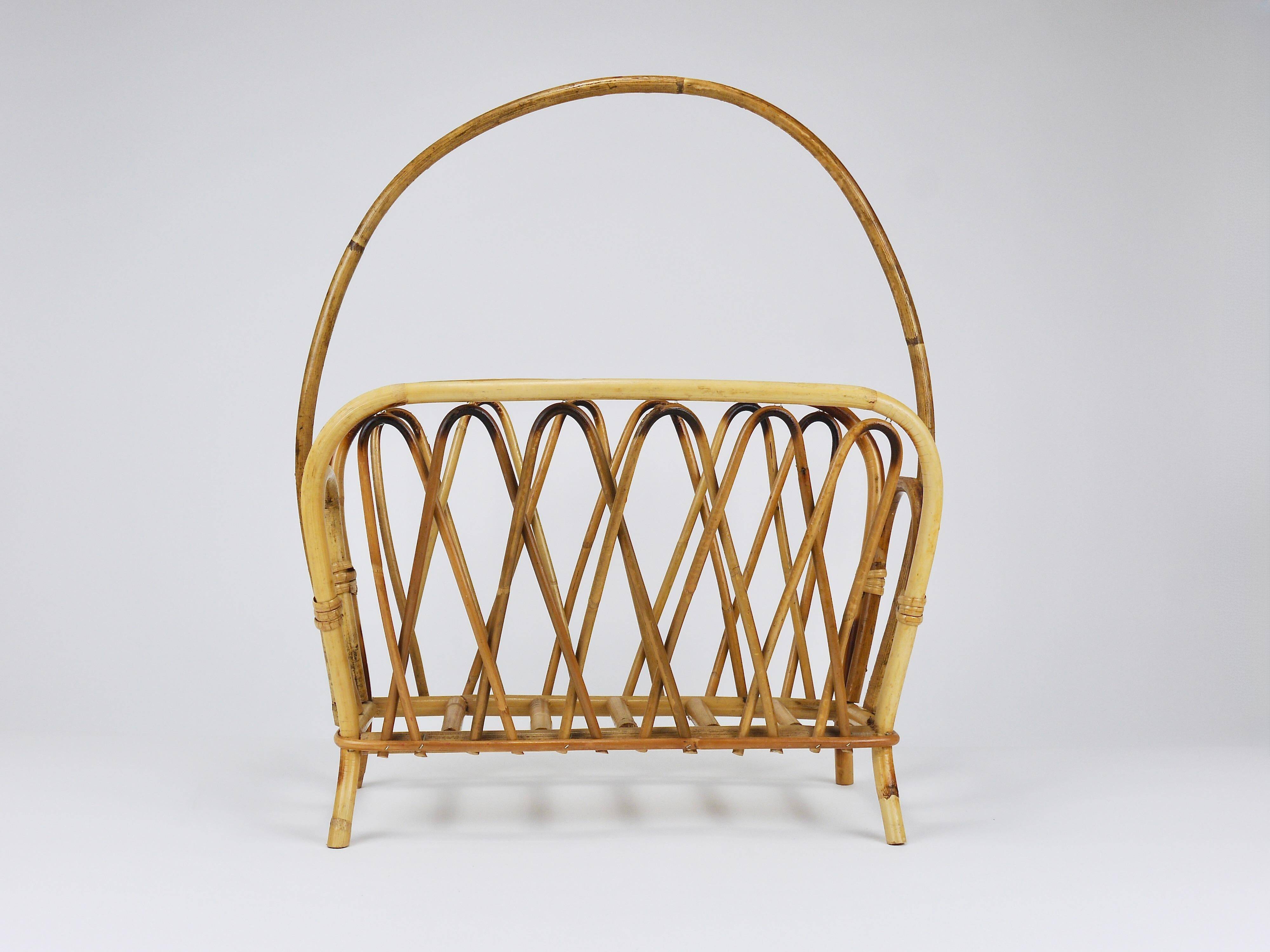 Bamboo and rattan magazine rack in the style of Franco Albini, Italy, 1970s.