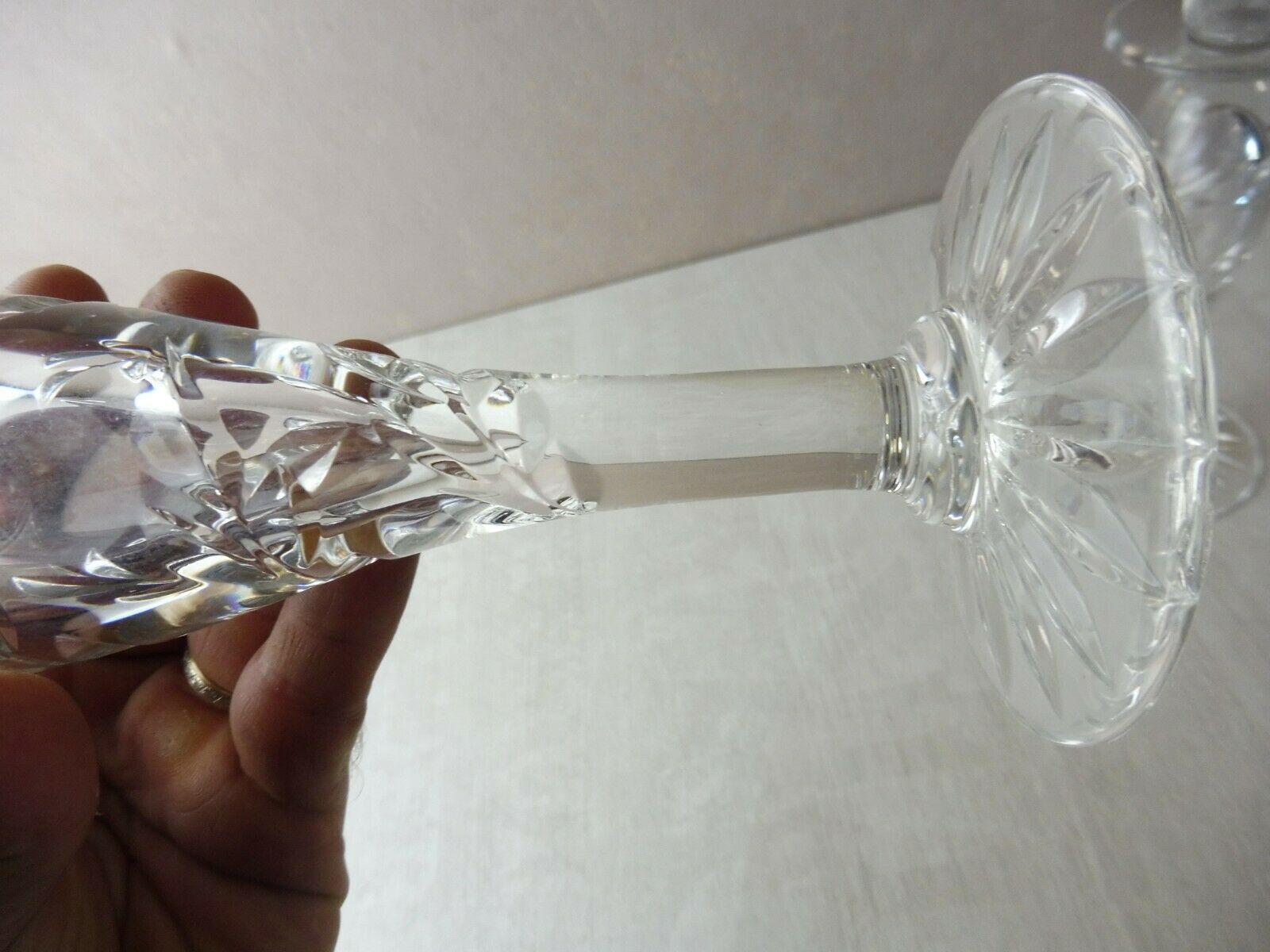 Pair of old carved engraved crystal candlesticks, Sirius style, Saint Louis