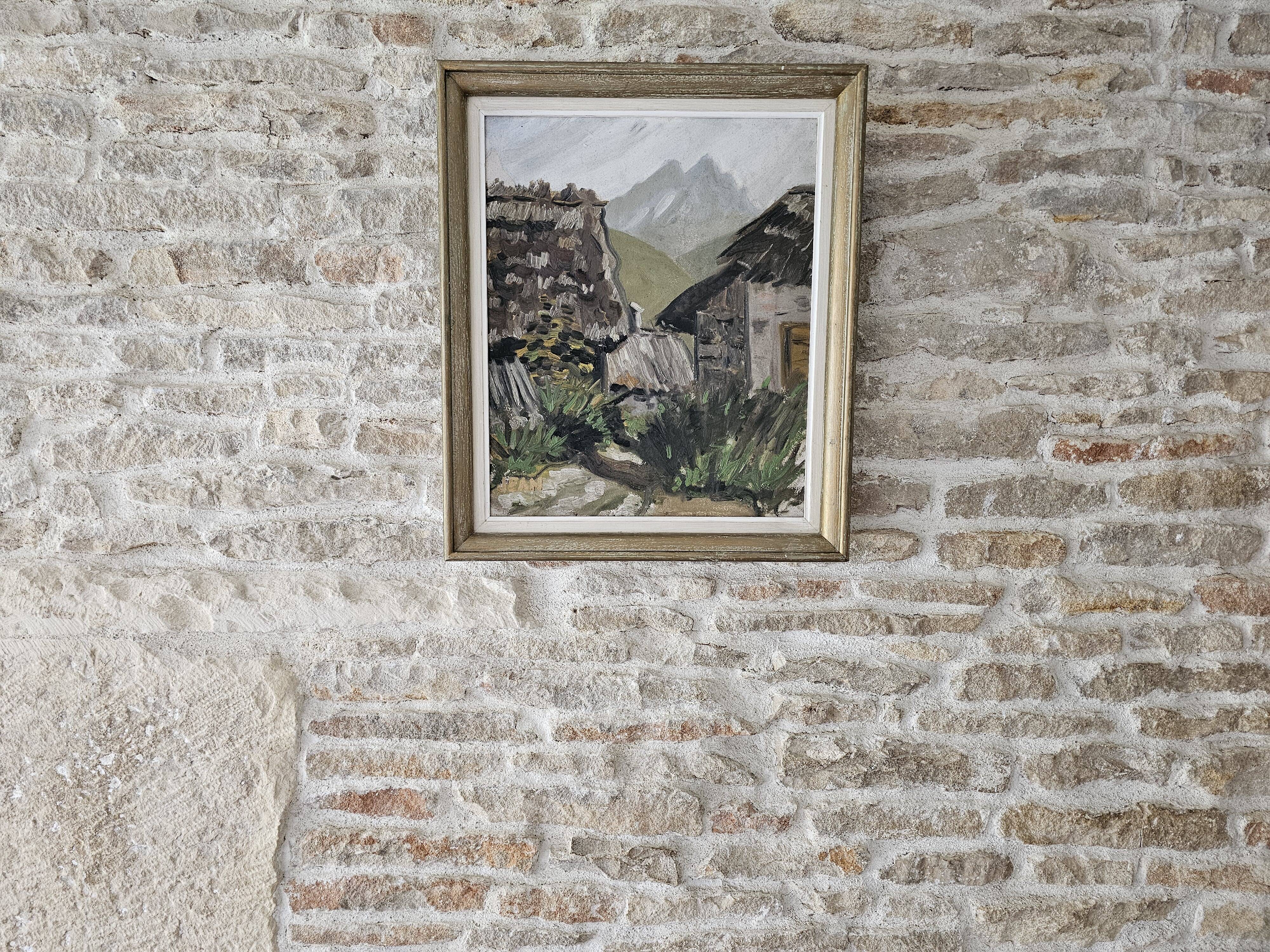 Oil on Cardboard - Mountain Chalet Landscape Signed Jean