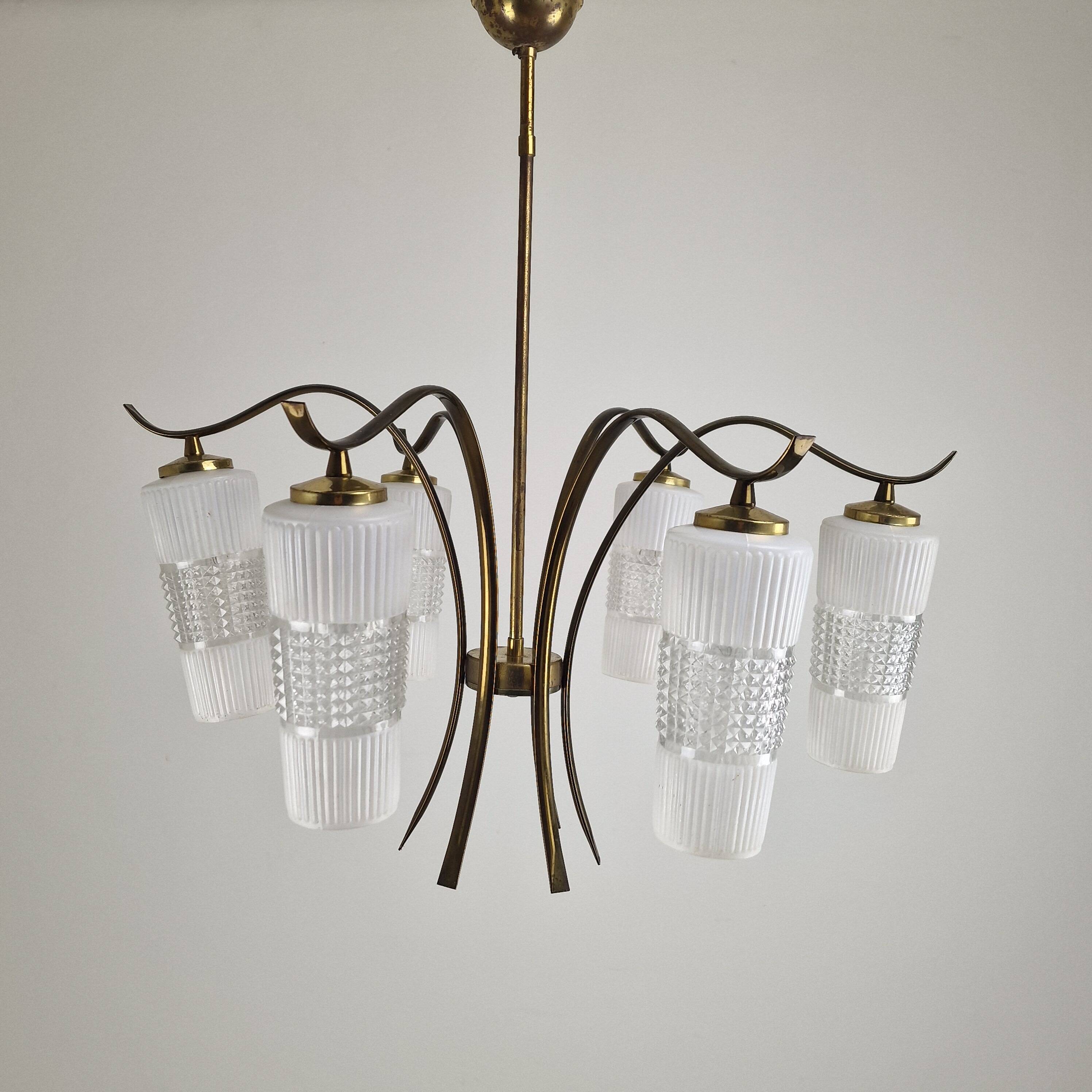 Italian Mid-Century Brass Chandelier with Murano Style Glass Shades, 1960's