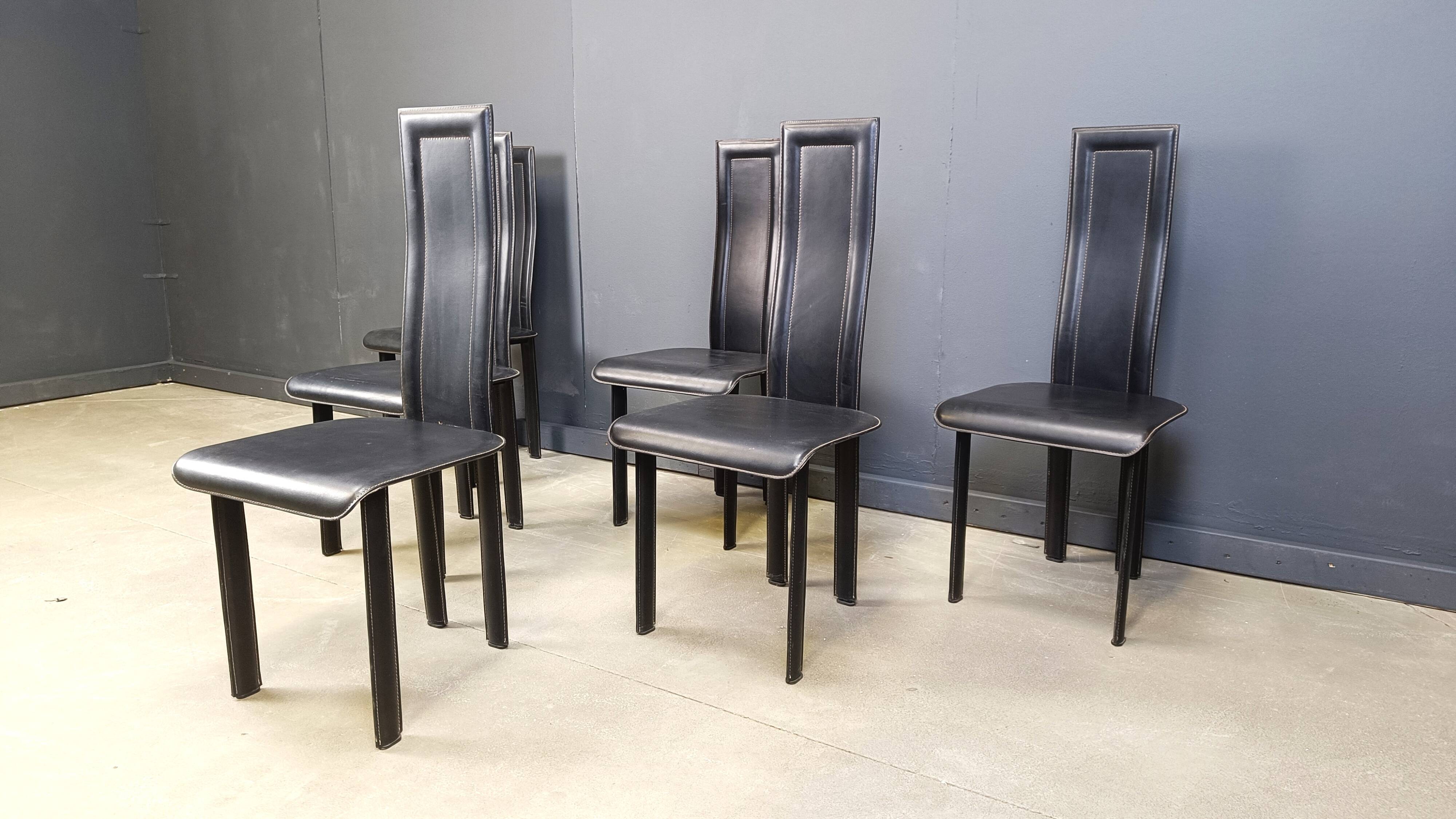 Set of 6 post modern black leather dining chairs, 1980s