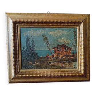 Peinture à l'huile sur panneau paysage début des années 1900